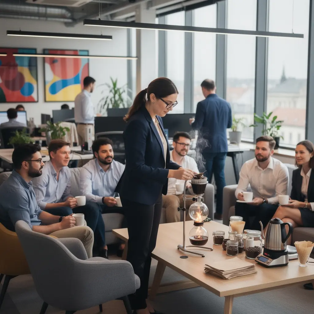 Barista připravující kávu na latte art.
