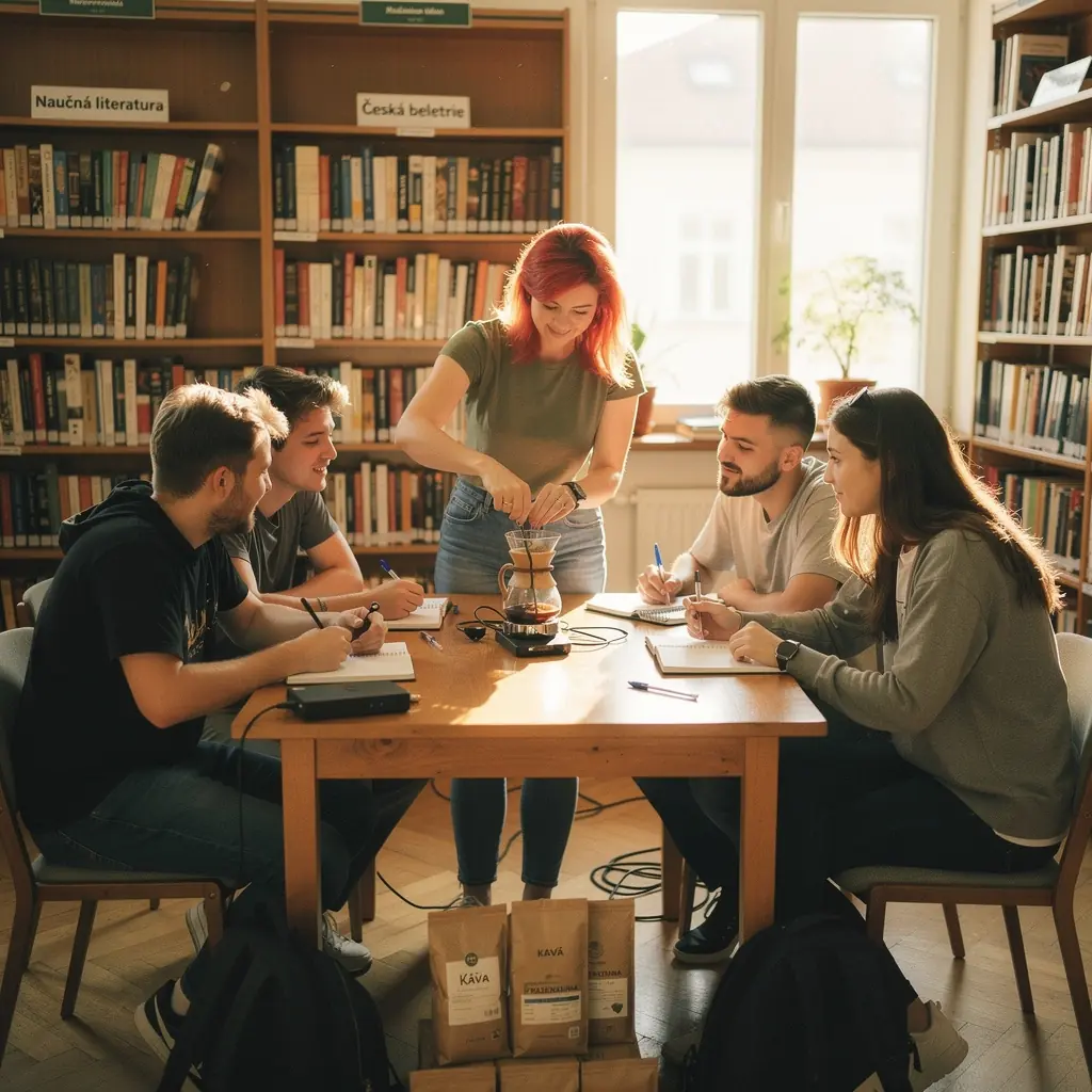 Nástroje pro přípravu kávy rozložené na stole.