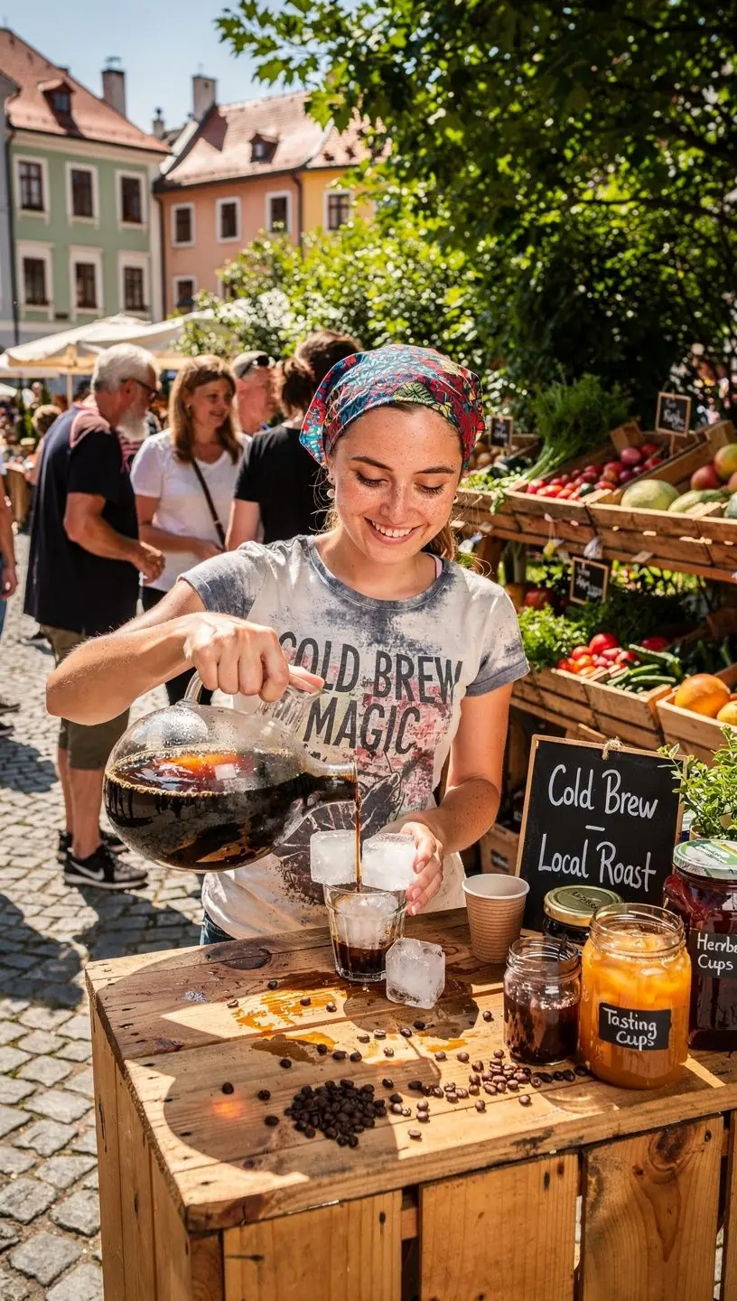 Různé metody přípravy kávy, včetně french pressu a pour over.