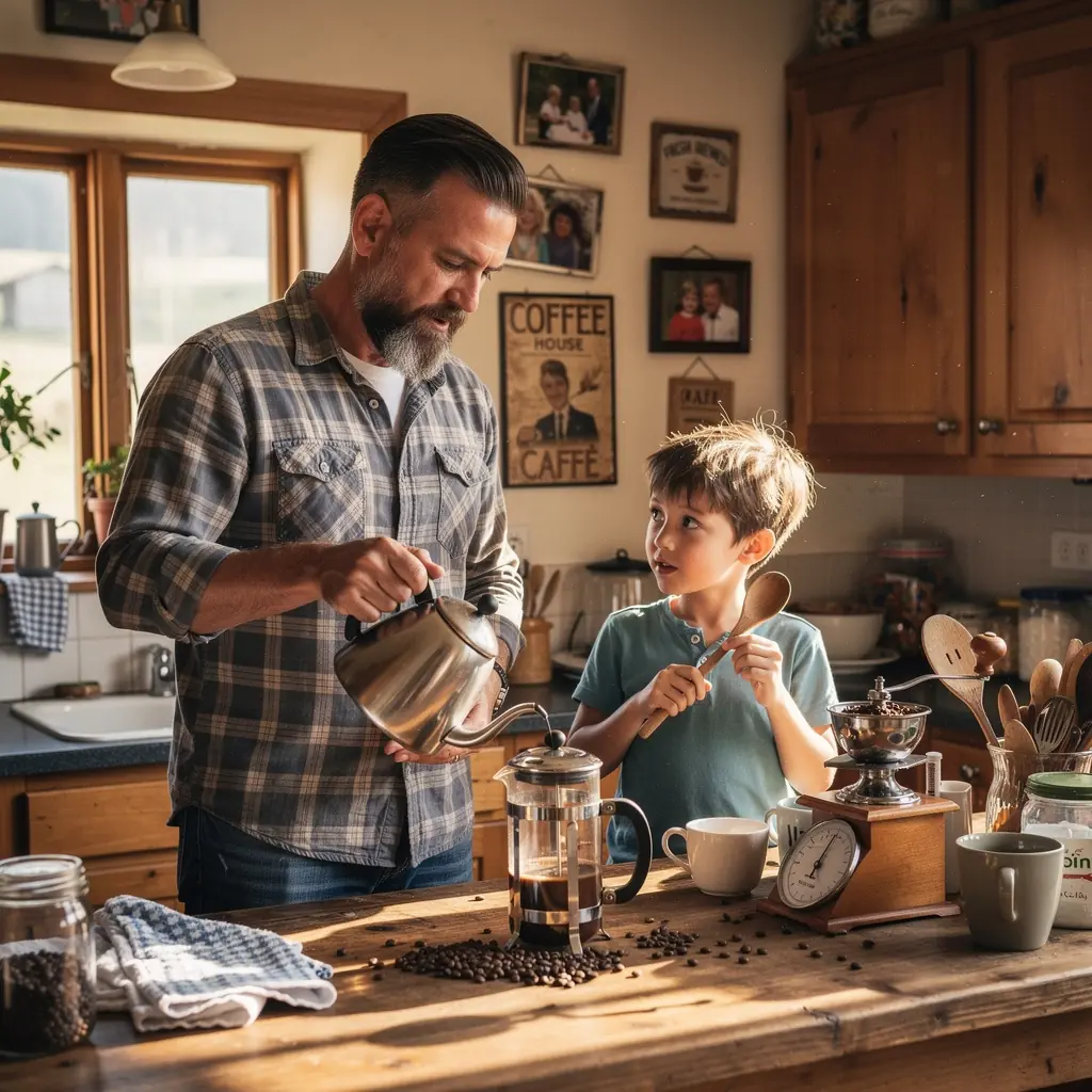 Kávové zrnka rozložená na stole s vybavením pro přípravu kávy.