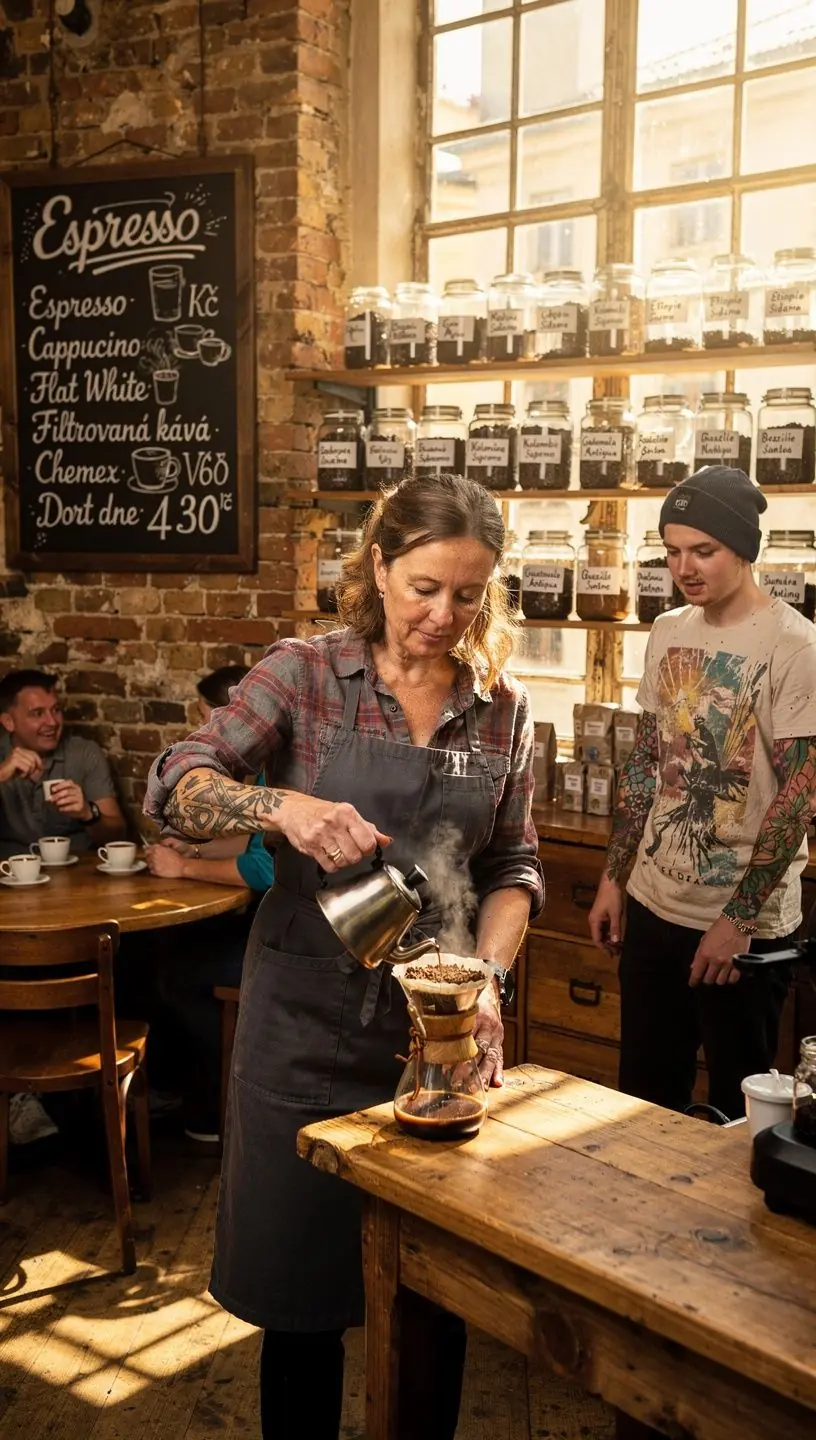 Kávovar s čerstvě mletou kávou a parní tryskou.